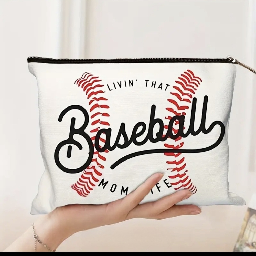 Baseball Themed Cosmetic Bag in White and Red - Picture 3 of 4